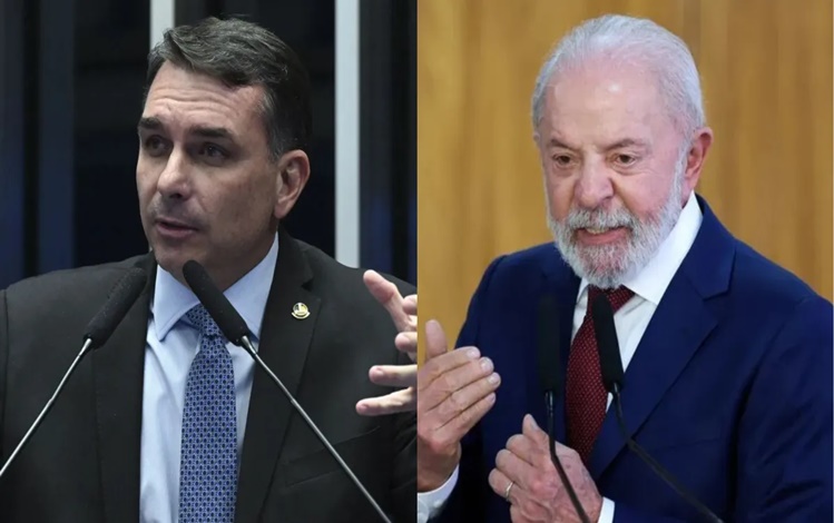 À esquerda, o senador Flávio Bolsonaro; à direita, o presidente Luiz Inácio Lula da Silva