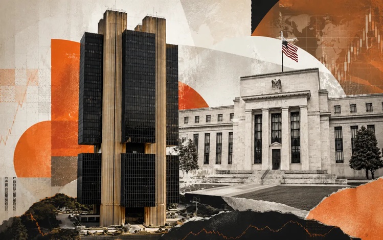 Imagem gerada por IA do Banco Central, em Brasília, e o Federal Reserve